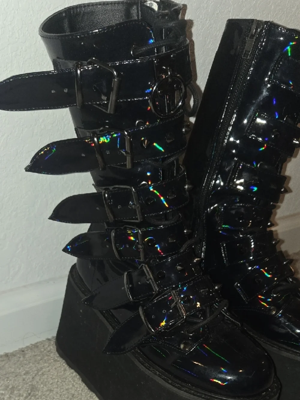 DEMONIA Black Mid-Calf Boots with‎ Hologram Detail Size 6